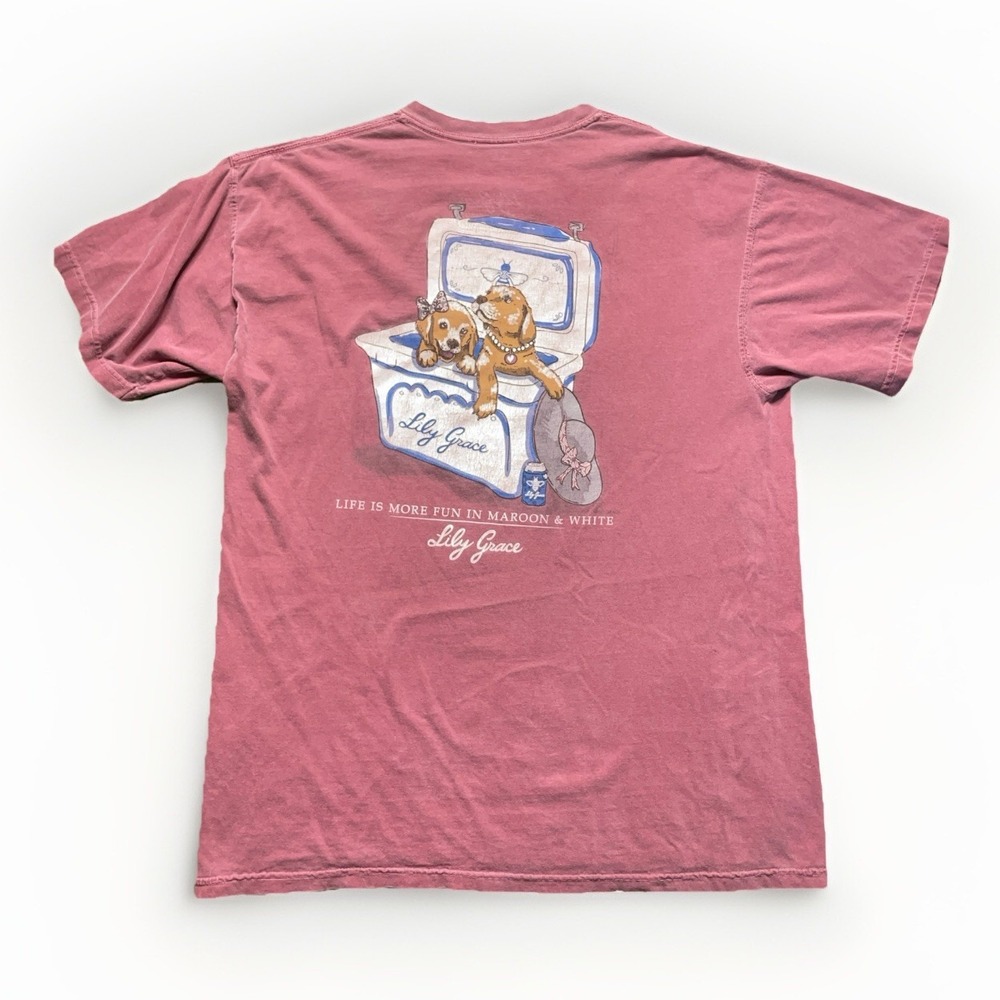 Lily Grace T Shirt Pink Short Sleeve Pocket "life Is More Fun" Puppies SZ LARGE